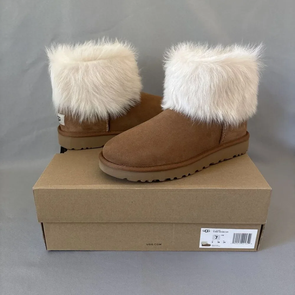 UGG Chestnut Suede Ankle Booties with Ivory Fur Cuff - Picture 2 of 12